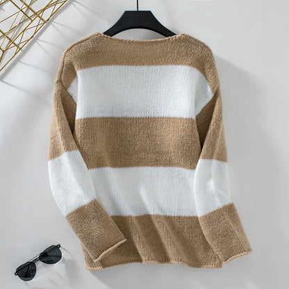 Sweaters- Bicolor Striped Off Shoulder Knit Sweater- - IndioGear.com