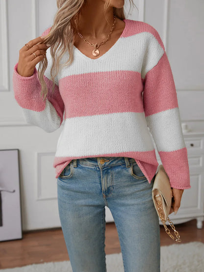 Sweaters- Bicolor Striped Off Shoulder Knit Sweater- - IndioGear.com