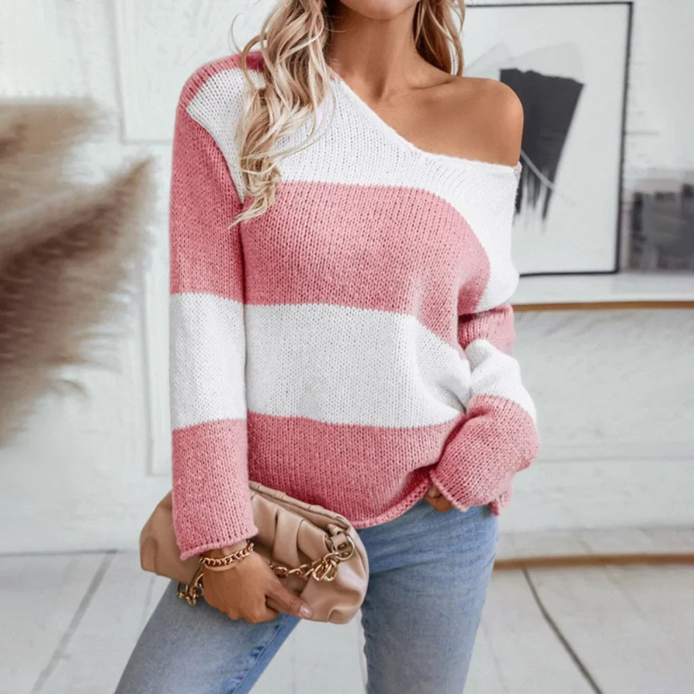 Sweaters- Bicolor Striped Off Shoulder Knit Sweater- - IndioGear.com