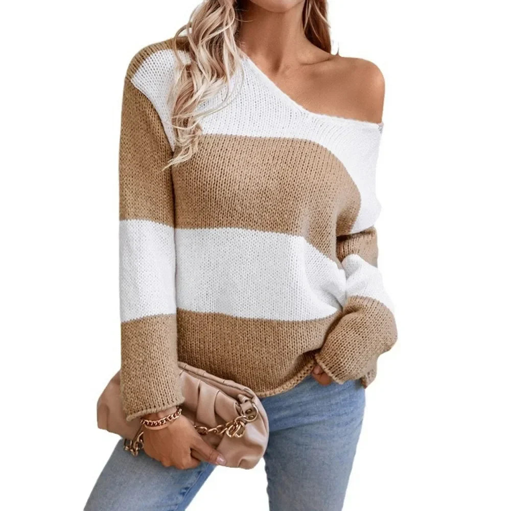 Sweaters- Bicolor Striped Off Shoulder Knit Sweater- - IndioGear.com