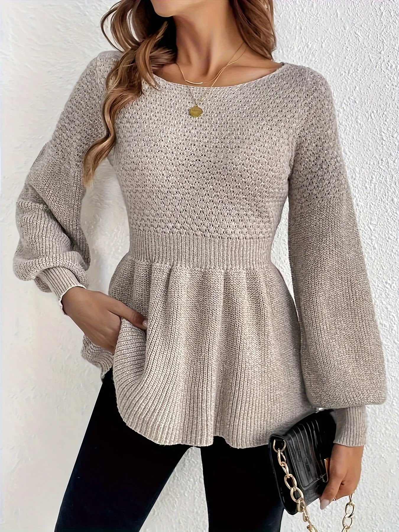 Sweaters- Bishop Sleeve Sweater Peplum-like Jumper- - IndioGear.com