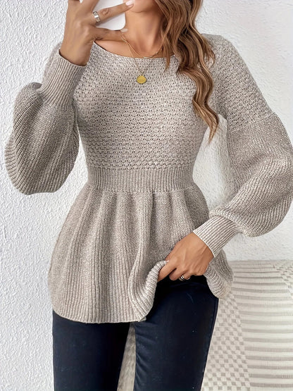 Sweaters- Bishop Sleeve Sweater Peplum-like Jumper- Khaki- IndioGear.com