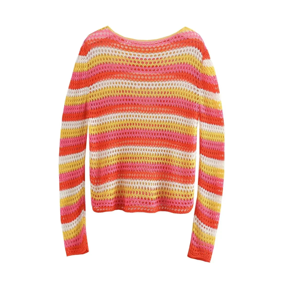 Sweaters- Boho Beauty Striped Crochet Sweater for Sunny Days- Orange- Chuzko Women Clothing