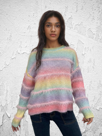 Sweaters- Boho Fringe Sweater Rainbow Jumper- - IndioGear Women Clothing