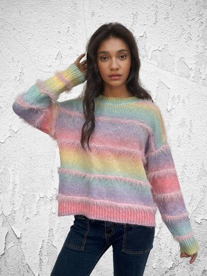 Sweaters- Boho Fringe Sweater Rainbow Jumper- Pink- IndioGear Women Clothing