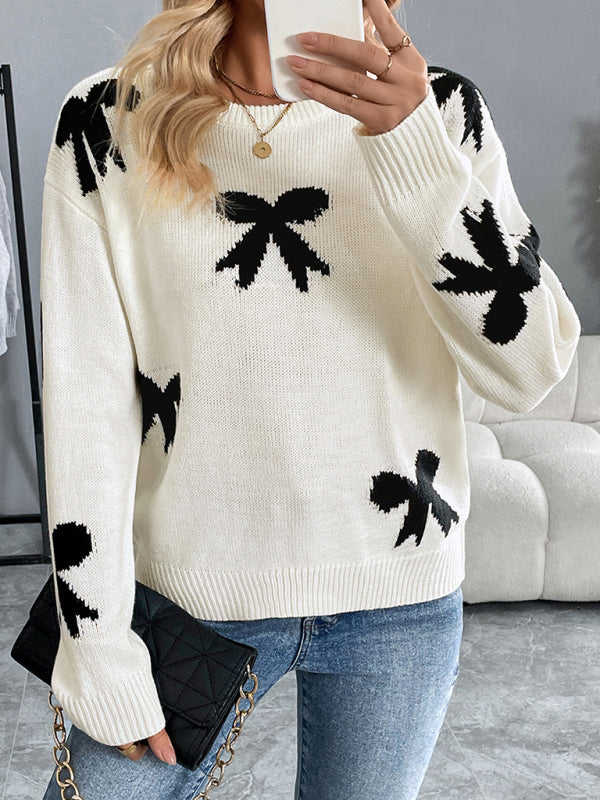 Sweaters- Bow Pattern Knit Jumper Motif Sweater for Fall- - IndioGear Women Clothing