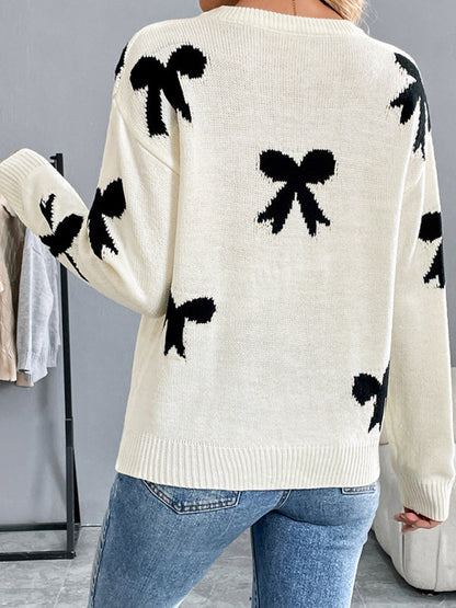 Sweaters- Bow Pattern Knit Jumper Motif Sweater for Fall- - IndioGear Women Clothing