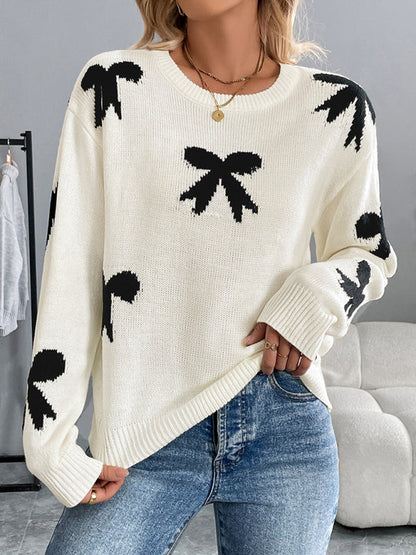 Sweaters- Bow Pattern Knit Jumper Motif Sweater for Fall- - IndioGear Women Clothing