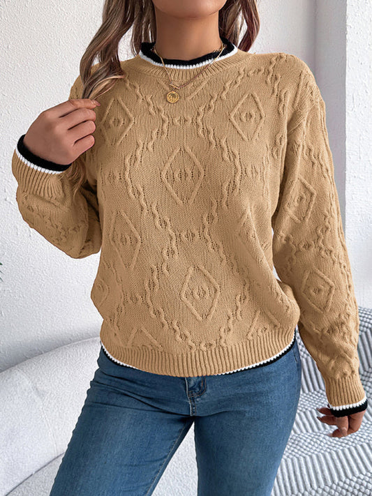 Sweaters- Cable-Knit Sweater for Fall Diamond Jumper- Khaki- IndioGear Women Clothing