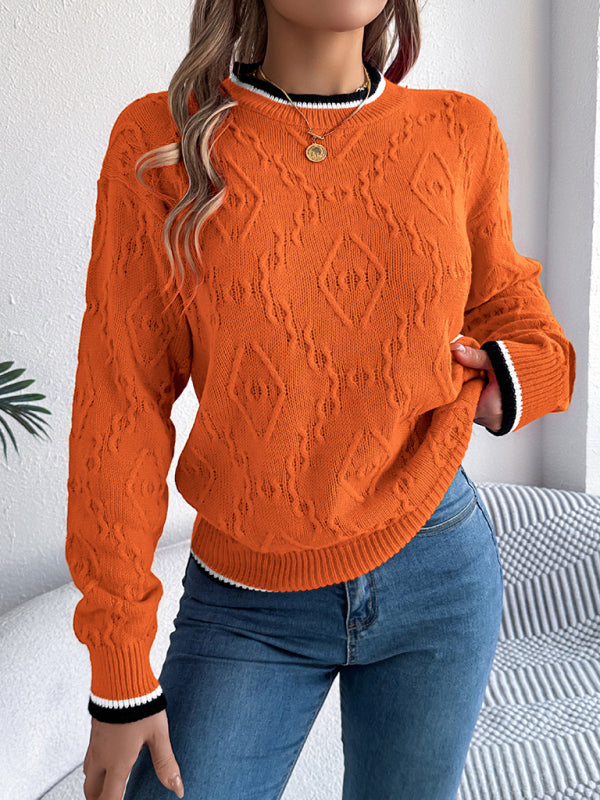 Sweaters- Cable-Knit Sweater for Fall Diamond Jumper- Orange- IndioGear Women Clothing