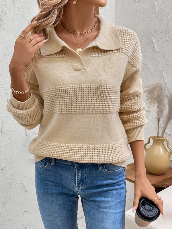 Sweaters- Casual Fall Ribbed Collar Sweater- - IndioGear.com