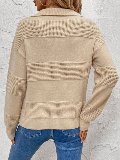 Sweaters- Casual Fall Ribbed Collar Sweater- - IndioGear.com