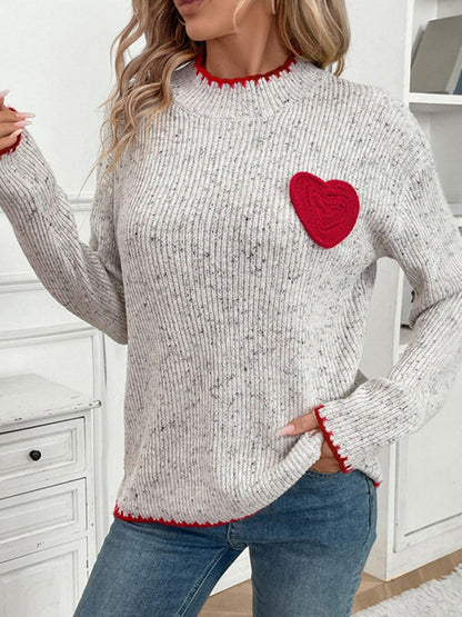 Sweaters- Casual Heart Patch Jumper High-Neck Sweater- - IndioGear Women Clothing