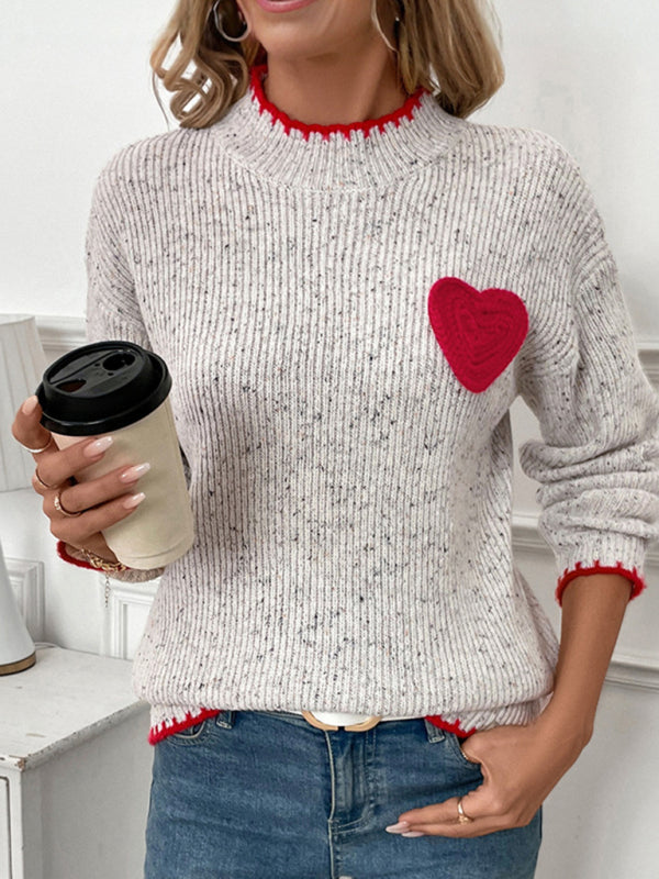 Sweaters- Casual Heart Patch Jumper High-Neck Sweater- Misty grey- IndioGear Women Clothing