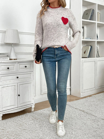 Sweaters- Casual Heart Patch Jumper High-Neck Sweater- - IndioGear Women Clothing