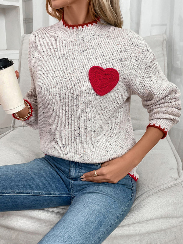 Sweaters- Casual Heart Patch Jumper High-Neck Sweater- - IndioGear Women Clothing