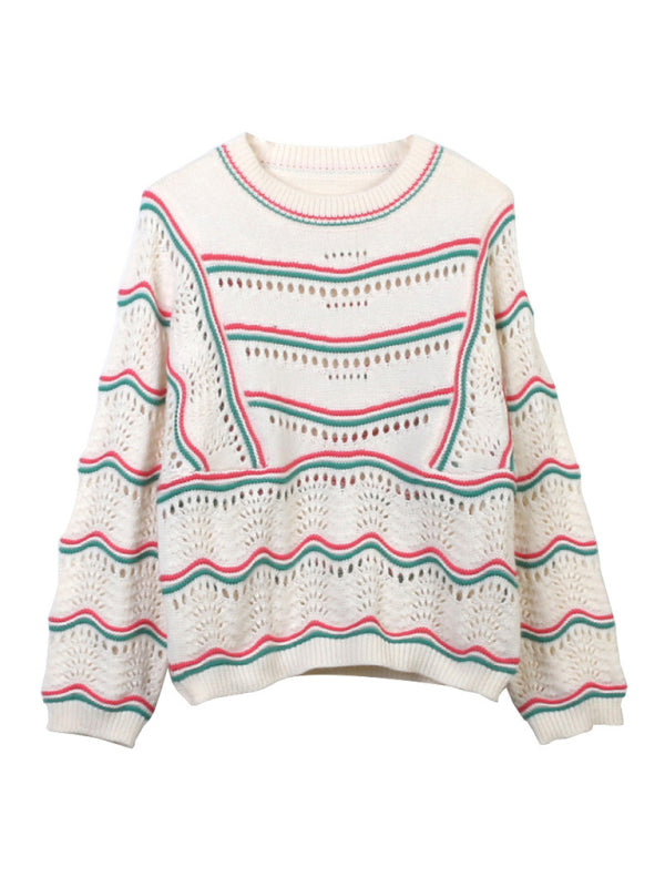 Sweaters- Casual Hollow Stripe Knitting Sweater for Women- Cream- IndioGear Fashion and Gear