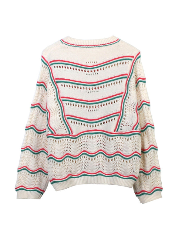 Sweaters- Casual Hollow Stripe Knitting Sweater for Women- - IndioGear Fashion and Gear