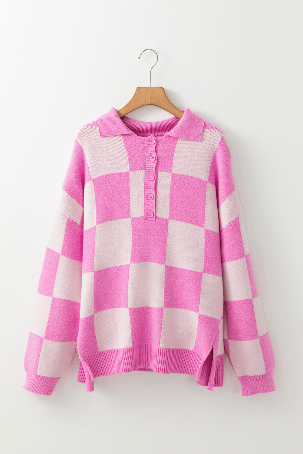 Sweaters- Checkerboard Collared Button-Up Sweater Knit Jumper- - IndioGear Women Clothing