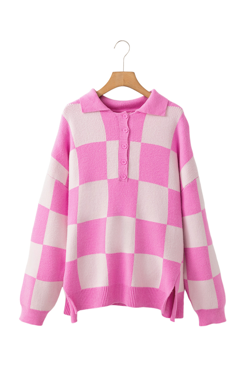 Sweaters- Checkerboard Collared Button-Up Sweater Knit Jumper- - IndioGear Women Clothing