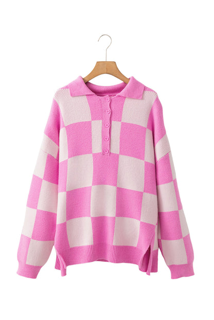 Sweaters- Checkerboard Collared Button-Up Sweater Knit Jumper- - IndioGear Women Clothing