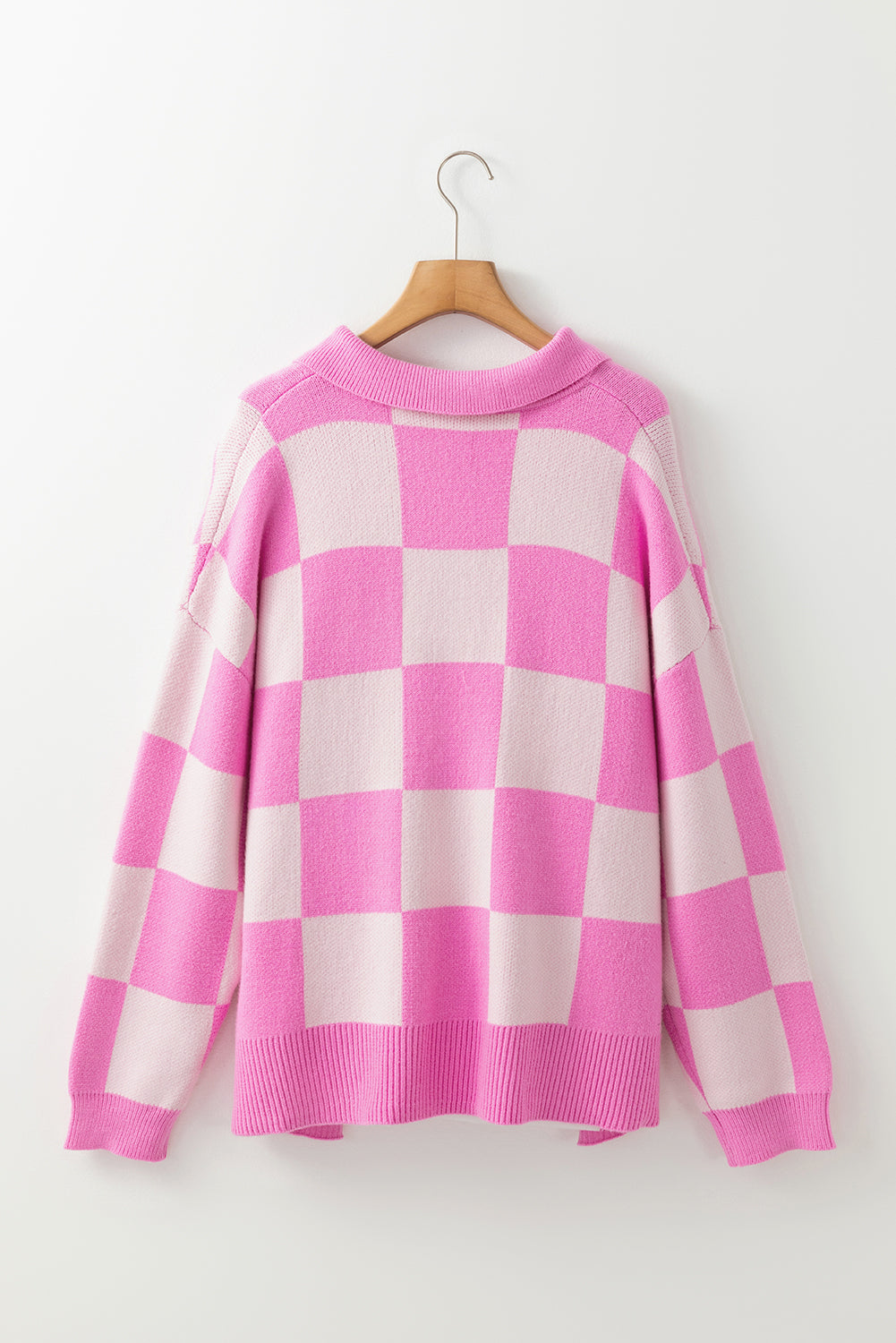 Sweaters- Checkerboard Collared Button-Up Sweater Knit Jumper- - IndioGear Women Clothing