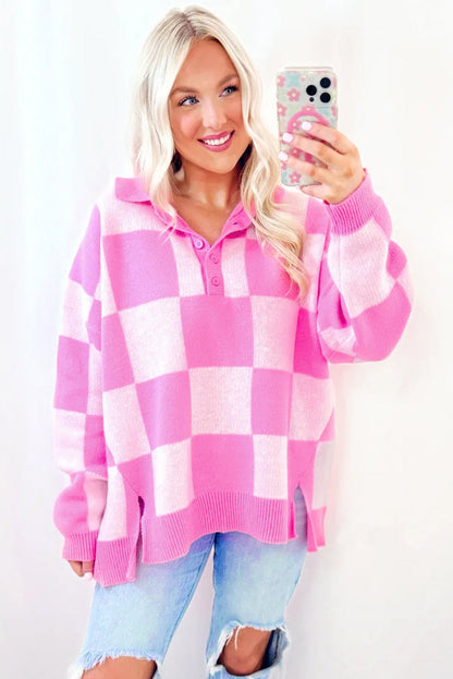 Sweaters- Checkerboard Collared Button-Up Sweater Knit Jumper- - IndioGear Women Clothing