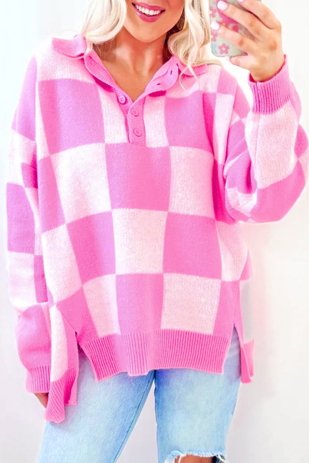 Sweaters- Checkerboard Collared Button-Up Sweater Knit Jumper- Pink- IndioGear Women Clothing