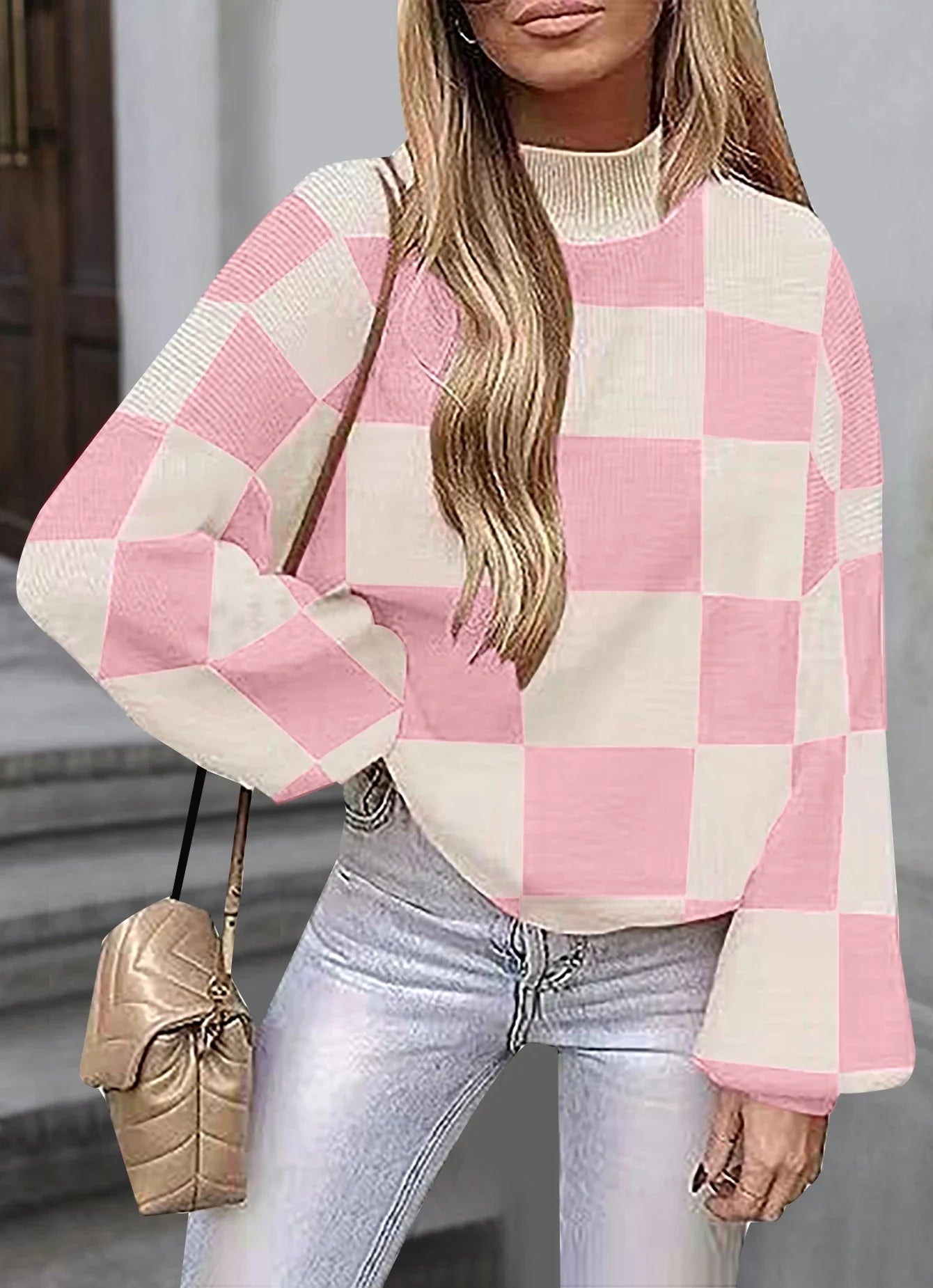 Sweaters- Checkered High Neck Sweater Pink and Cream Jumper- Pink- IndioGear.com