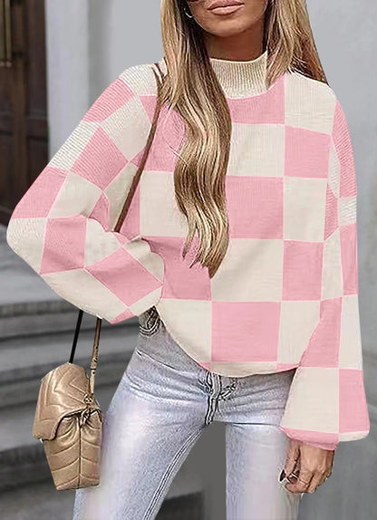 Sweaters- Checkered High Neck Sweater Pink and Cream Jumper- Pink- IndioGear.com