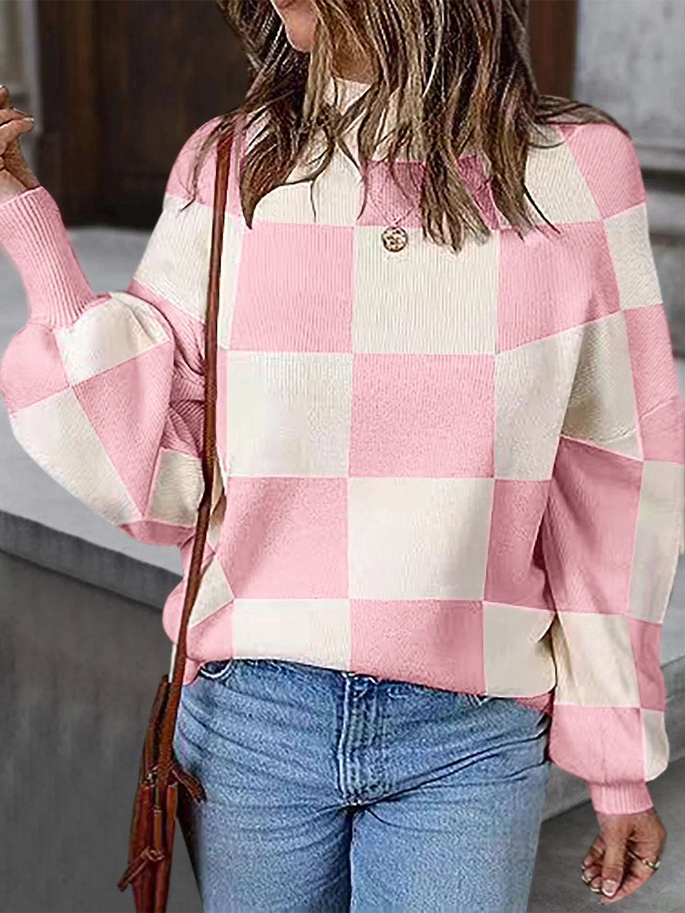 Sweaters- Checkered High Neck Sweater Pink and Cream Jumper- - IndioGear.com