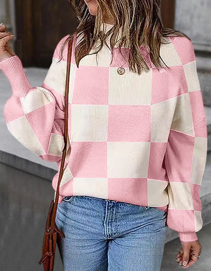 Sweaters- Checkered High Neck Sweater Pink and Cream Jumper- - IndioGear.com