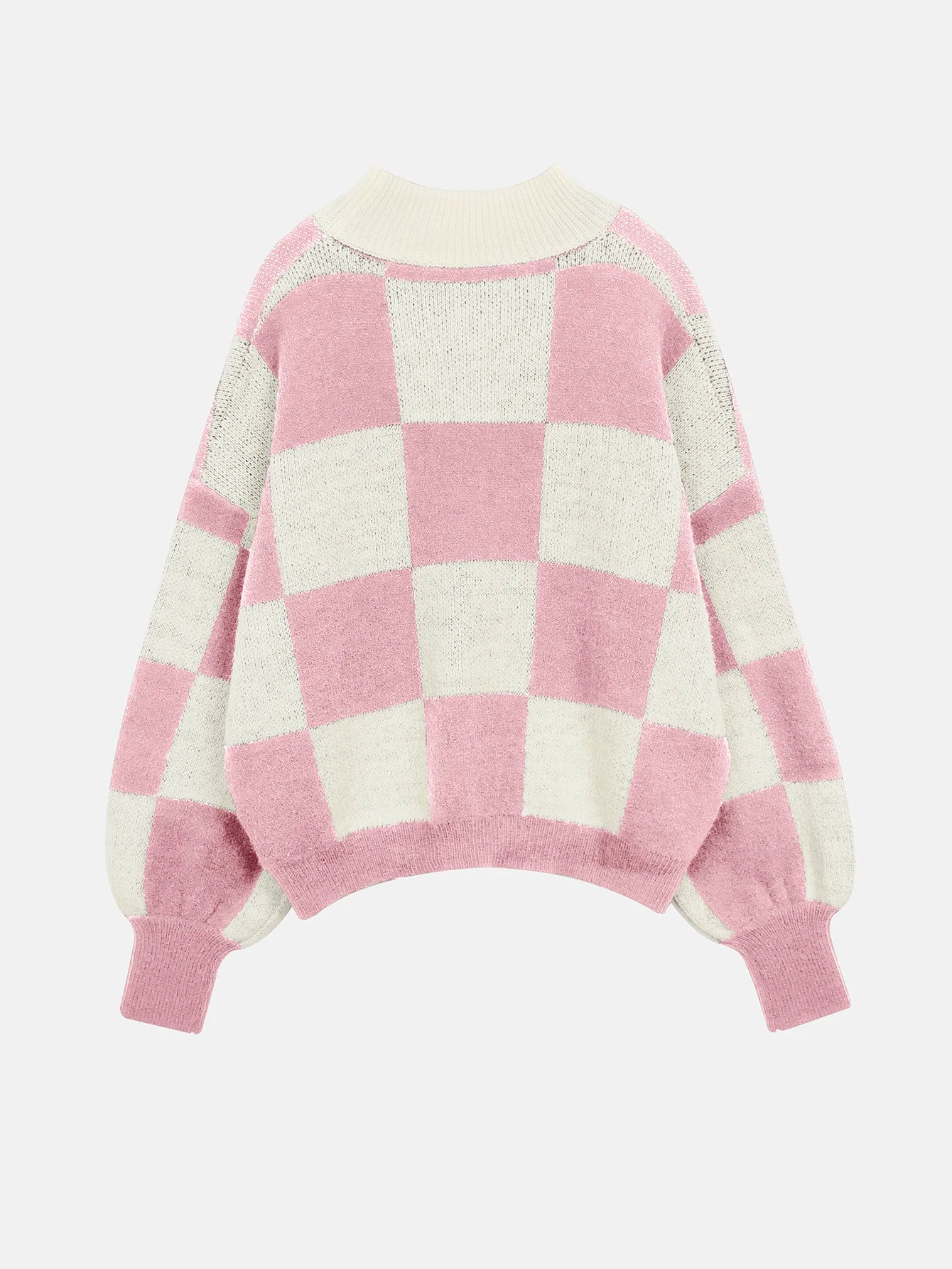 Sweaters- Checkered High Neck Sweater Pink and Cream Jumper- - IndioGear.com