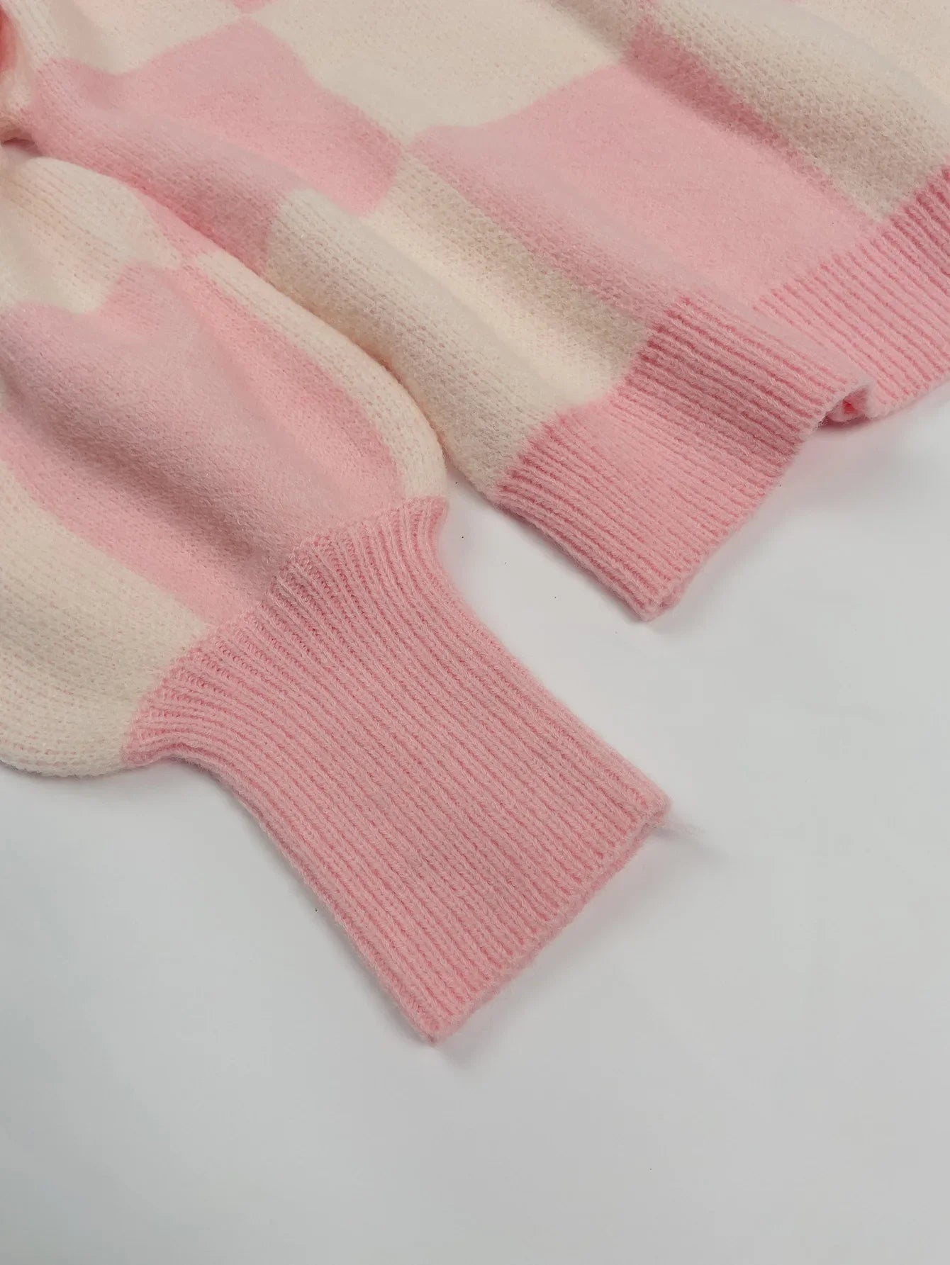 Sweaters- Checkered High Neck Sweater Pink and Cream Jumper- - IndioGear.com