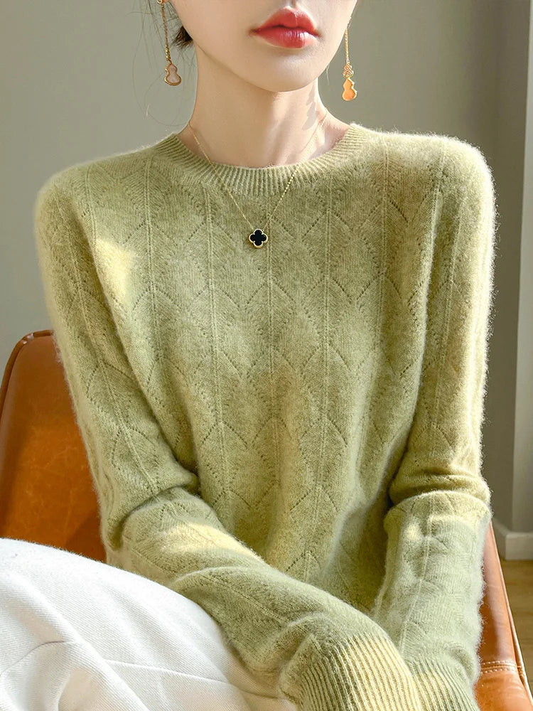 Sweaters- Classic Argyle Wool Sweater Merino Jumper- - IndioGear Women Clothing