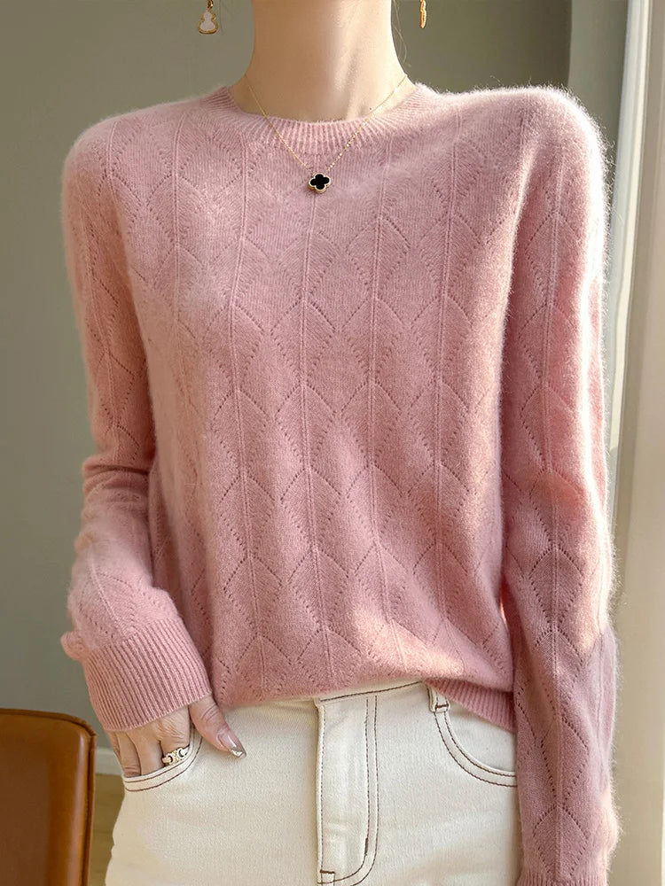 Sweaters- Classic Argyle Wool Sweater Merino Jumper- Pink- IndioGear Women Clothing