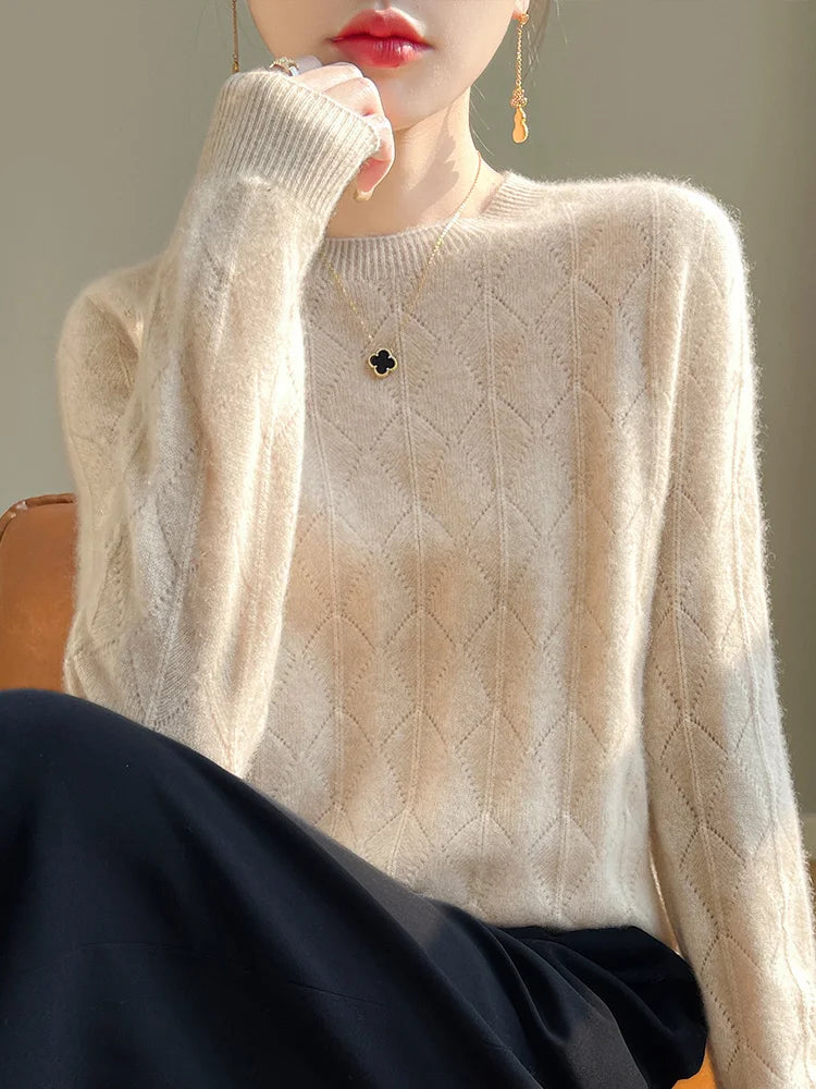 Sweaters- Classic Argyle Wool Sweater Merino Jumper- - IndioGear Women Clothing