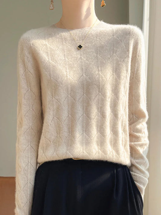 Sweaters- Classic Argyle Wool Sweater Merino Jumper- Beige- IndioGear Women Clothing