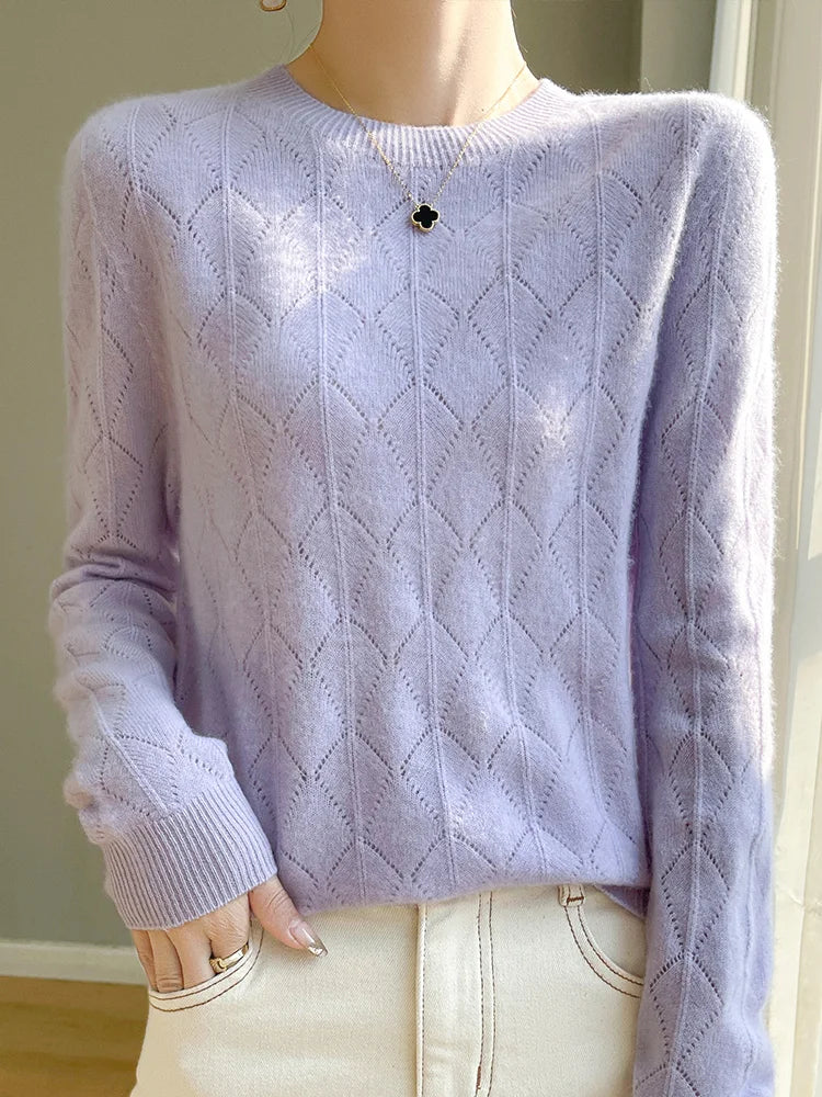 Sweaters- Classic Argyle Wool Sweater Merino Jumper- Violet- IndioGear Women Clothing