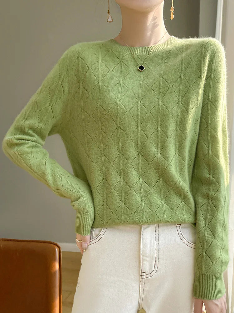 Sweaters- Classic Argyle Wool Sweater Merino Jumper- Apple Green- IndioGear Women Clothing