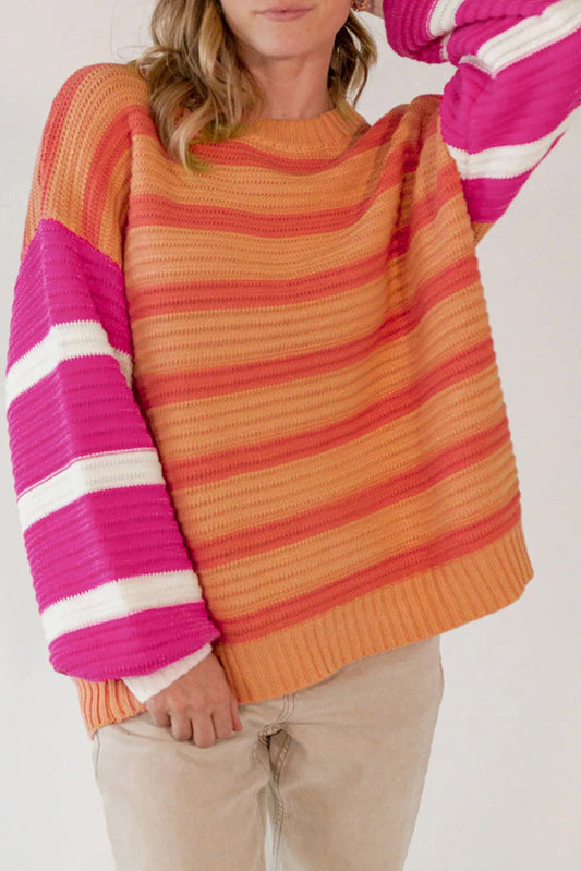 Sweaters- Colorblock Sweater for Fall/Winter Striped Jumper- Orange Stripe- IndioGear Women Clothing