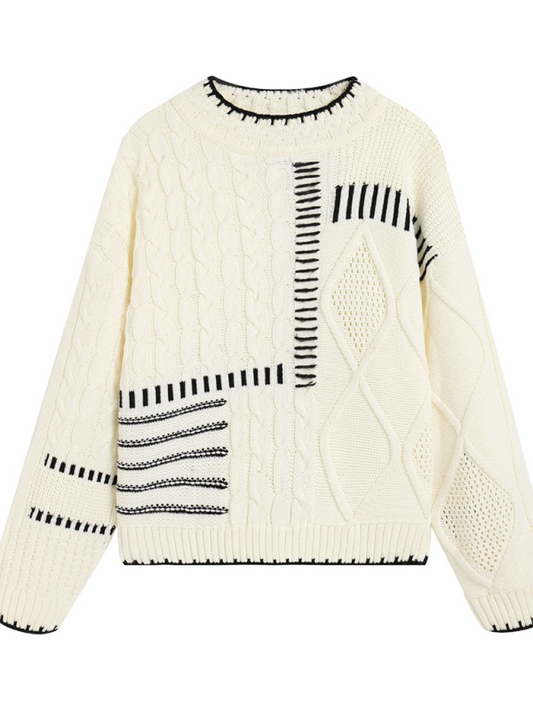 Sweaters- Comfy Knit Women's Hollow Braid Sweater for Cool Days- Cream- IndioGear Fashion and Gear