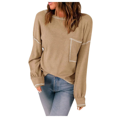 Sweaters- Contrast Stitch Ribbed Sweater - Casual Outings- - IndioGear.com