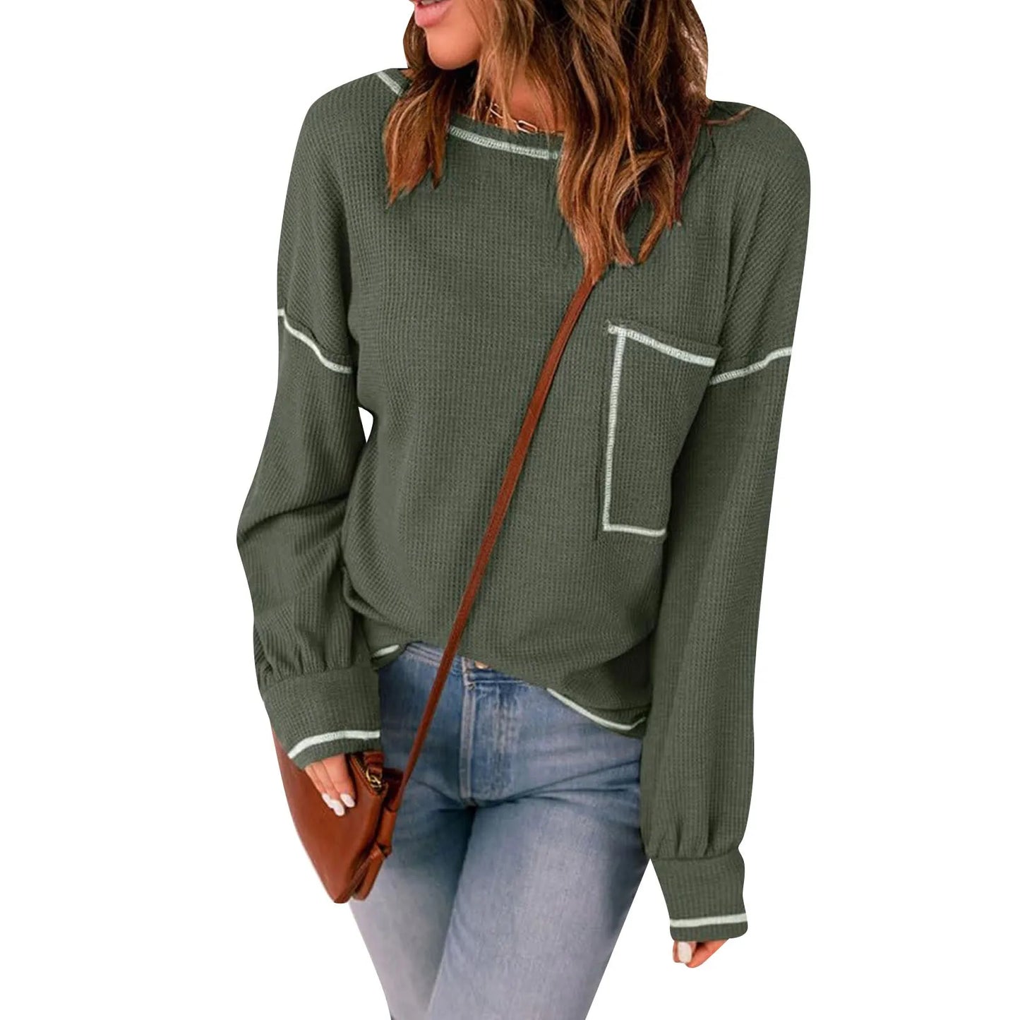 Sweaters- Contrast Stitch Ribbed Sweater - Casual Outings- Green- IndioGear.com