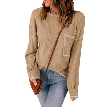 Sweaters- Contrast Stitch Ribbed Sweater - Casual Outings- Khaki- IndioGear.com