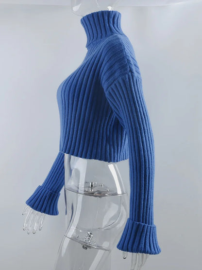 Sweaters- Cozy Blue Turtleneck Crop Sweater Loose Jumper- - IndioGear.com