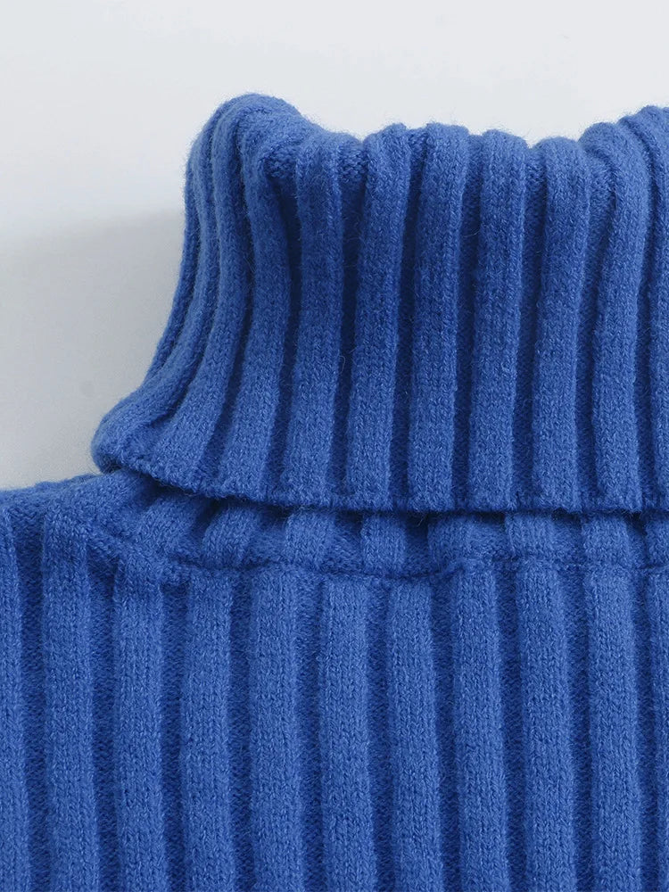 Sweaters- Cozy Blue Turtleneck Crop Sweater Loose Jumper- - IndioGear.com