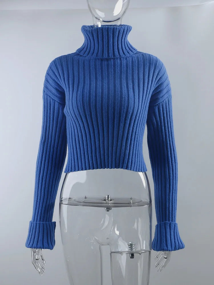 Sweaters- Cozy Blue Turtleneck Crop Sweater Loose Jumper- - IndioGear.com