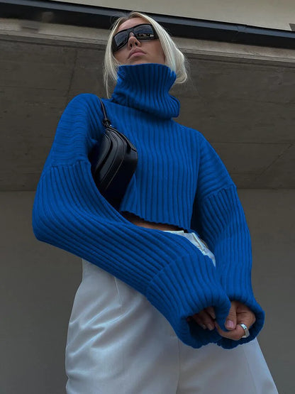 Sweaters- Cozy Blue Turtleneck Crop Sweater Loose Jumper- - IndioGear.com