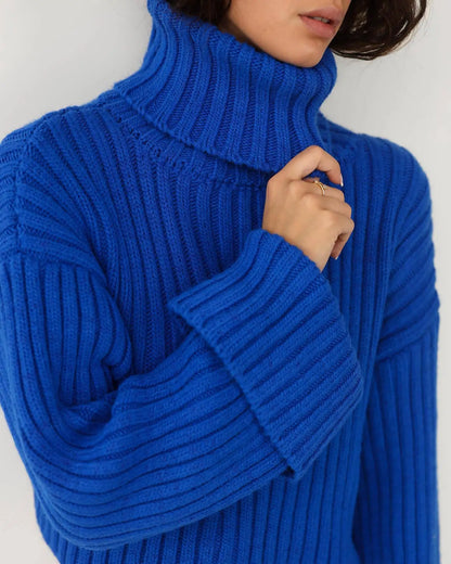 Sweaters- Cozy Blue Turtleneck Crop Sweater Loose Jumper- - IndioGear.com